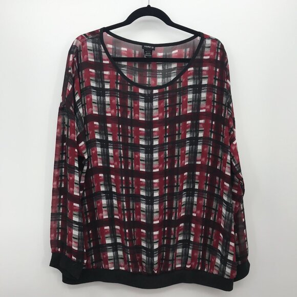 Torrid Red Black Plaid Sheer Blouse Plus 2X - Picture 1 of 6